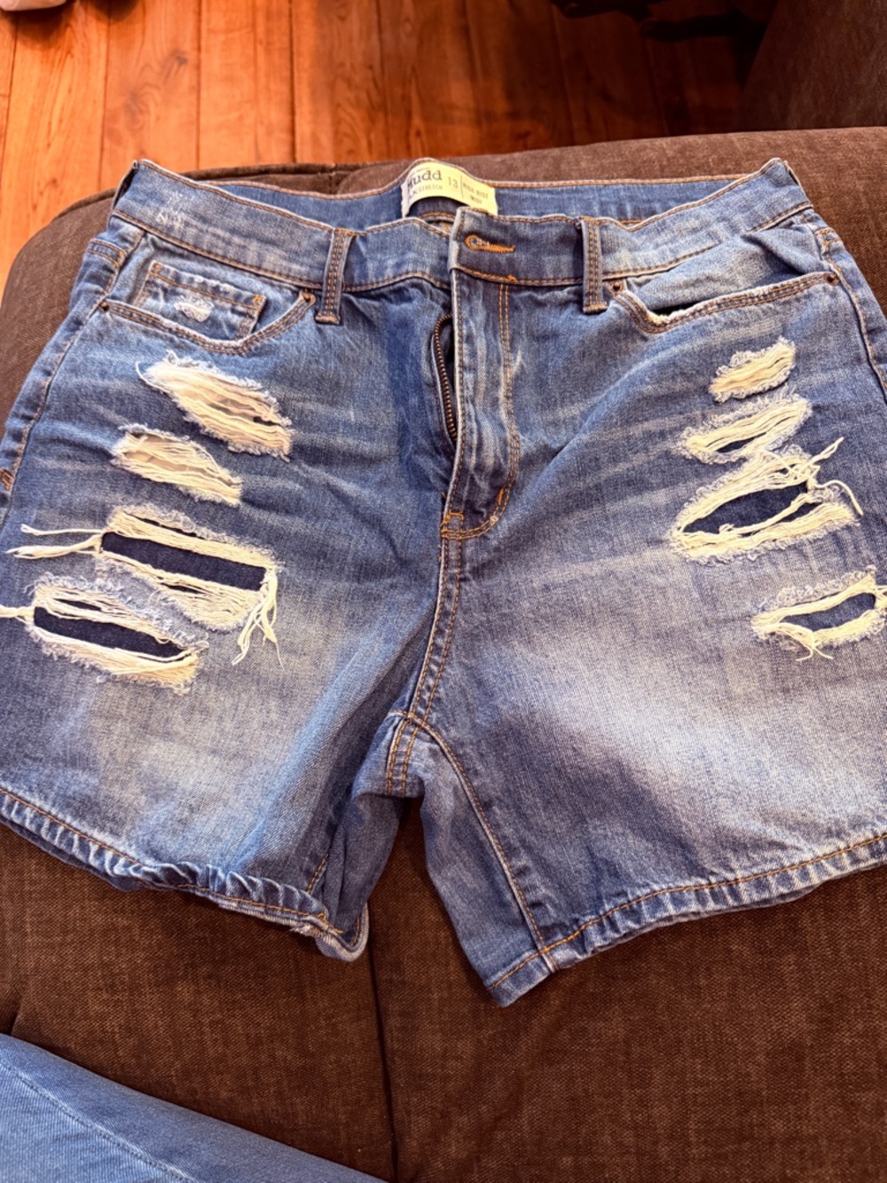 Mudd Dark Blue High-Rise Denim Shorts with Orange Stitching